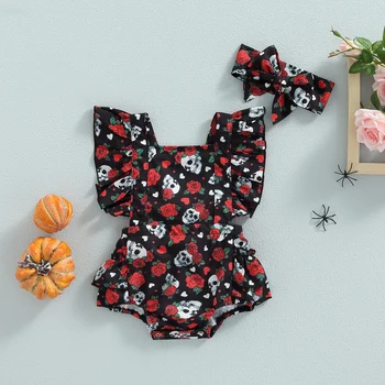 2tk Beebi Tüdruk Halloween Komplekt Roosi Õie Skull Print Square Kaela Ruffle Romper + Peapael Kehtestatud Imikutele Kombekas