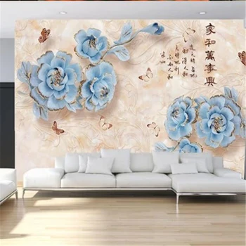 Custom 3d tapeet sinine reljeef kodu ja rikas pojeng lill, elutoas diivan taust seina maali papier peint 5d tapeet