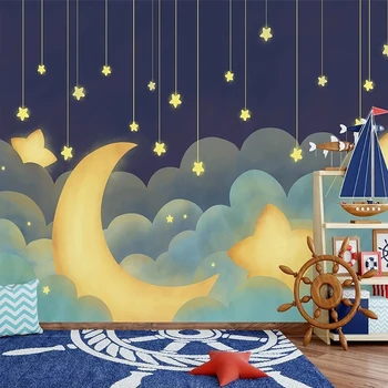 Custom Seinamaaling Käsitsi Maalitud Tähed Ja Kuu Cartoon tähistaeva Laste Tuba Taust Seina De Papel Parede Tapety Tapeet Art