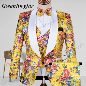 Gwenhwyfar Mehed Topelt Karavan Vest Tuxedos 2022 Custom Made Õie Jacquard Kuld Sobib Mehed Pulmapidu Kostüüm 3 Tükki Komplekti