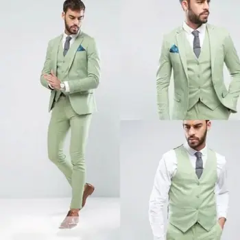 Hiljemalt Disaini Hele Roheline Pulm Meeste Ülikond Peigmees Kõnniteed Smoking Terno Masculino Meeste Ülikonnad 3 Tükki ( Jakk+Püksid+Vest)