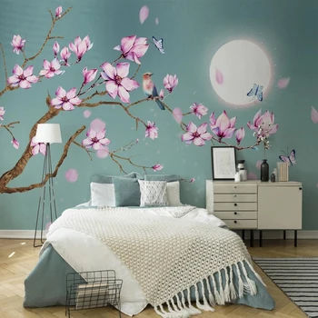Kohandatud Suurus Hiina Stiilis Magnolia Lilled, Linnud, Moonlight Foto Pannoo jaoks Magamistuba, elutuba, Tuba Decor TV taustapildina 3D