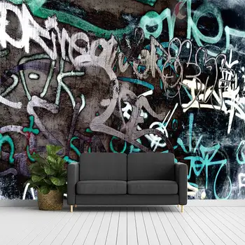 Must ja valge graffiti art inglise tähed 3D kohandatud magamistuba, elutoas diivan, TV taust seina tapeet seinamaaling