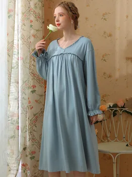 Naiste Sügis Lahti Printsess Nightgowns Sleepwear Pikad Varrukad Puuvill Victoria Armas Pidžaama V-Kaeluse Ruffles Vintage Nightdress