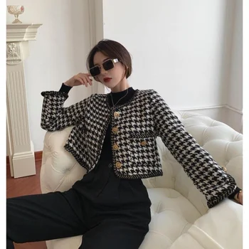 O Must Houndstooth Mantel Naistele Slim Kõrge Kärbitud Kampsun, Vintage Sügisel Chaquetas Mujer Korea Jakid Jaqueta Top Bleiserid