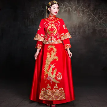 pruut pulmad kleit Traditsiooniline hiina stiilis kostüüm Phoenix cheongsam Tikkimine riietele Luksus vana Kuninglik Punane kleit Qipao