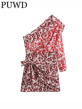 PUWD Naiste Mood Punane Asümmeetriline Colr Kontrasti Mini Kleit 2023 Kevadine Vintage Küljel Tõmblukk Pikad Varrukad Naiste Põhjad Stiilne