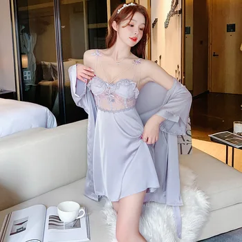 Seksikas Rayon Kimono Hommikumantel Ülikond Naiste Sleepwear Nightgowns Pits Twinset Rüü Kleit Set Primavera Nightdress Kodus Kandma Riideid