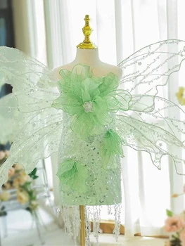 Tüdrukute kleit fairy butterfly wings näidata, roheline pulm kleit, lille poiss, high-end laste vastuvõtva, klaver tulemuslikkuse kleit
