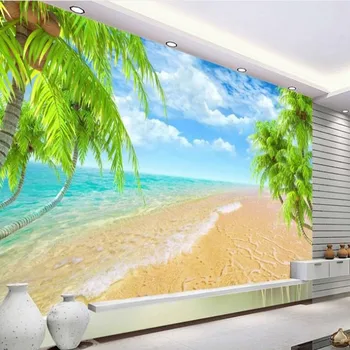 wellyu Custom suur fresko värskendav suvel Hawaii sinine taevas mere rannas kookospähkli 3D TV taustaks tapeet de papel parede